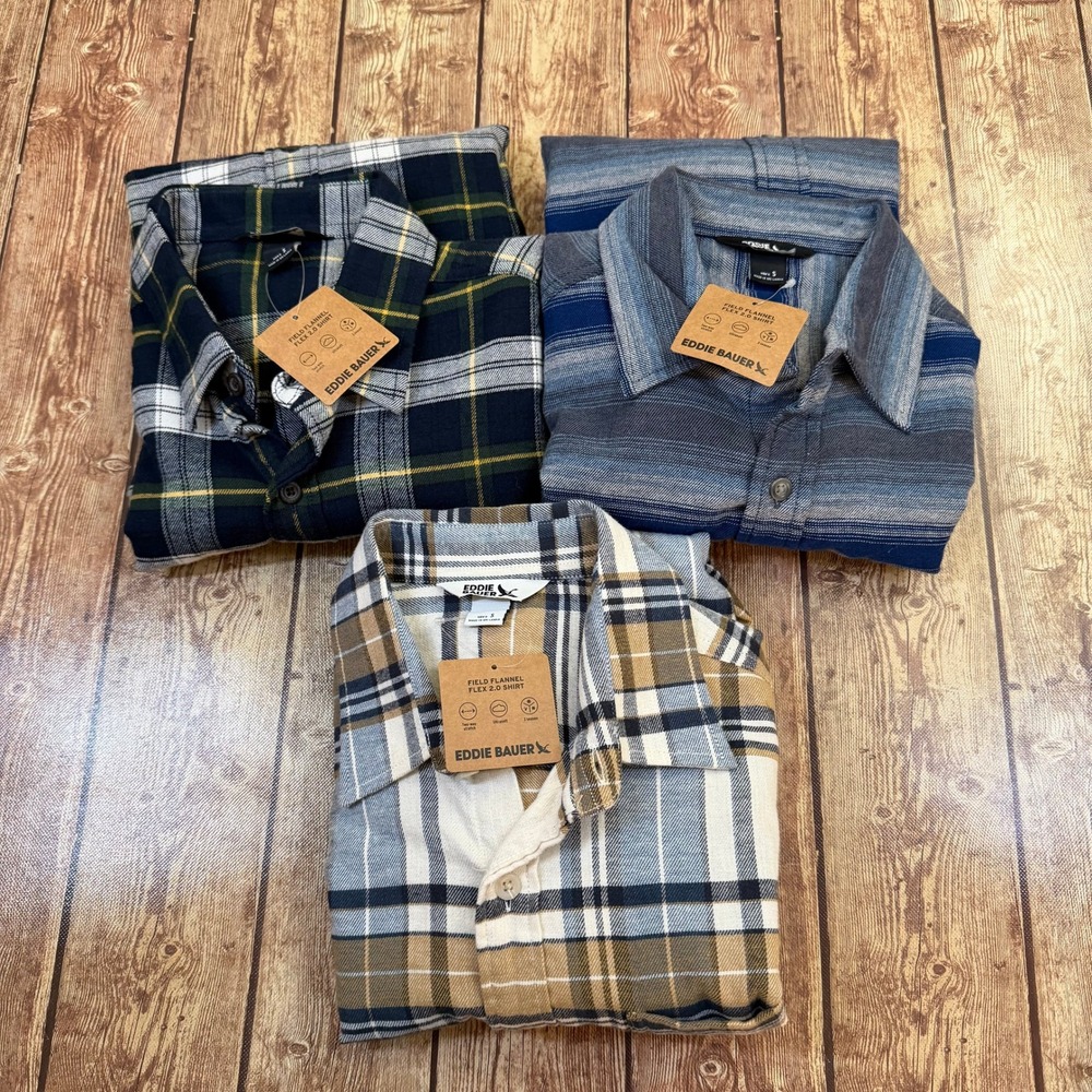 Eddie Bauer Field Flannel Flex 2.0 Shirt Mens Small Plaid Stretch 3 Pack NWT